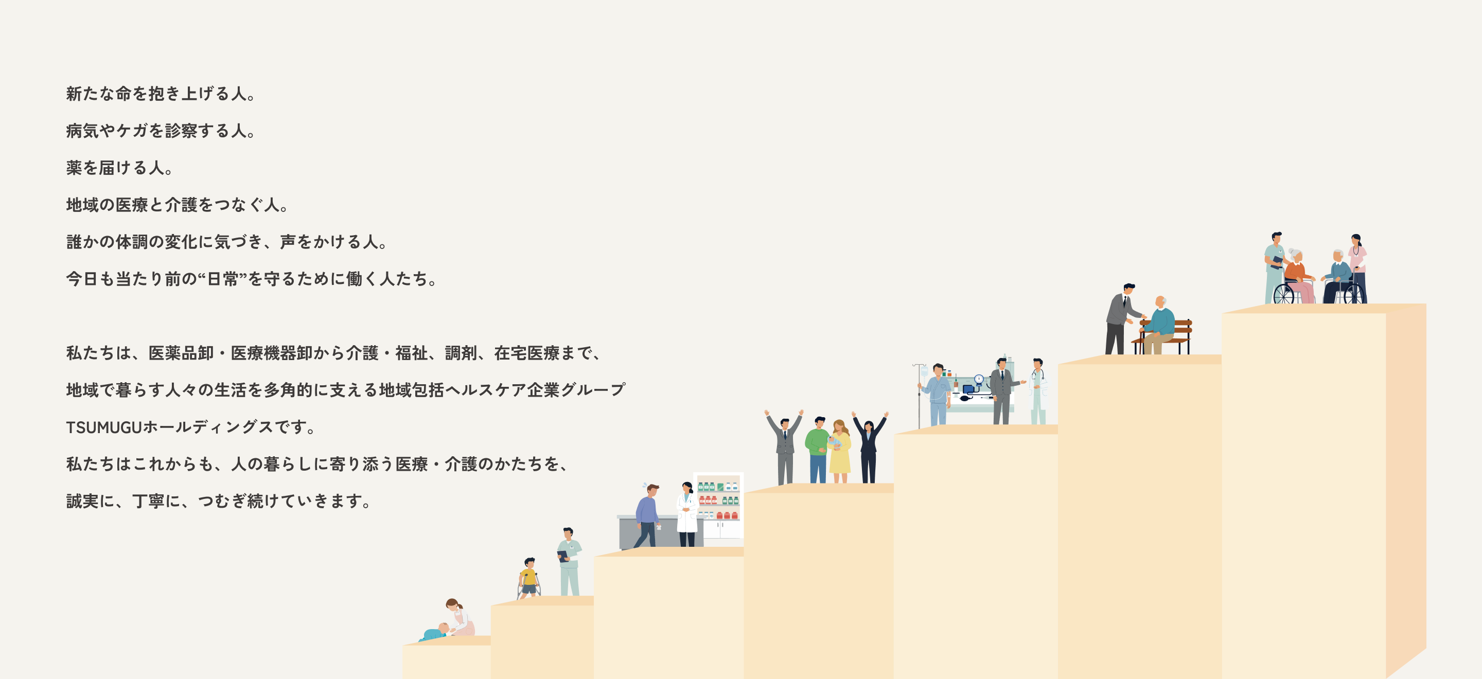 新たな命を抱き上げる人。病気やケガを診察する人。薬を届ける人。地域の医療と介護をつなぐ人。誰かの体調の変化に気づき、声をかける人。今日も当たり前の“日常”を守るために働く人たち。私たちは、医薬品卸・医療機器卸から介護・福祉、調剤、在宅医療まで、地域で暮らす人々の生活を多角的に支える地域包括ヘルスケア企業グループTSUMUGUホールディングスです。私たちはこれからも、人の暮らしに寄り添う医療・介護のかたちを、誠実に、丁寧に、つむぎ続けていきます。